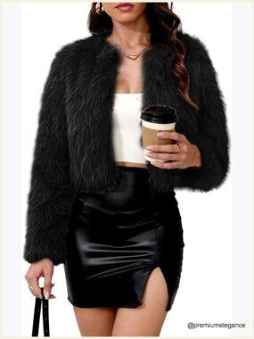 Trendy Cropped Faux Fur Coat Fluffy Open Front Jacket Long Sleeve Shaggy Short